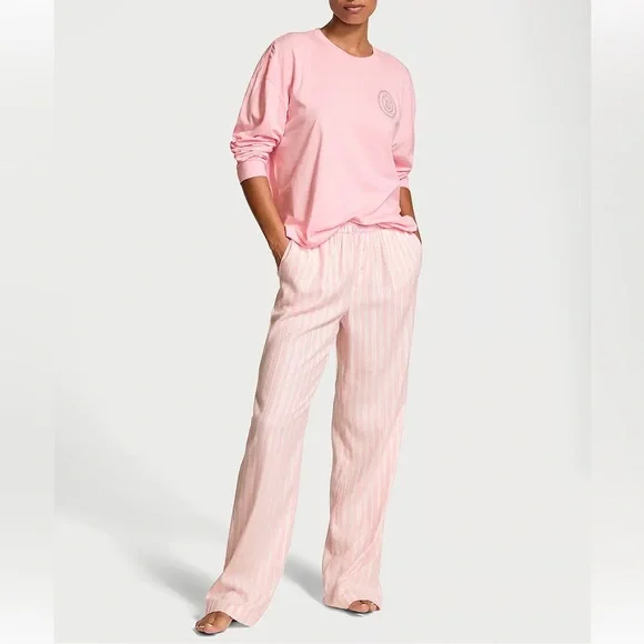 VICTORIA SECRET Lounge Pants Sleepwear Cotton Blend Pajama Pink White Stripe - Picture 3 of 9